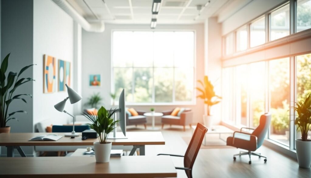 A bright, airy office space filled with natural light, inviting employees to a healthy, productive work environment. In the foreground, a modern, ergonomic desk with a computer, desk lamp, and a potted plant. The middle ground features comfortable seating arrangements, colorful artwork on the walls, and a large window overlooking a lush, green outdoor scene. The background is dominated by warm, diffused lighting, creating a calming atmosphere. The overall scene conveys a sense of balance, wellness, and mindfulness, promoting employee well-being and job satisfaction.