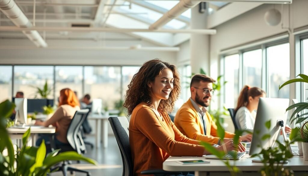 A bright, airy office space with natural light filtering in through large windows. Ergonomic workstations arranged in an open, collaborative layout, with plants and greenery adding a touch of biophilic design. Employees engaged in focused yet relaxed work, their expressions calm and content. Soft, diffused lighting casts a warm, productive glow, while a balanced color palette of earthy tones and pops of vibrant hues create a soothing, rejuvenating atmosphere. The space exudes a sense of wellbeing, encouraging creativity, communication, and a healthy work-life balance.