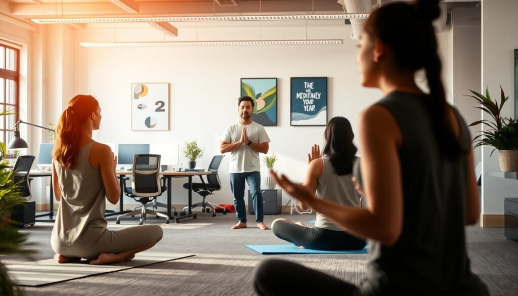 A calm and professional office environment, with employees engaged in various well-being activities. In the foreground, a group of colleagues participating in a yoga session, their poses reflecting mindfulness and serenity. In the middle ground, a team member leading a meditation workshop, guiding others through deep breathing exercises. The background showcases a modern, well-lit workspace with ergonomic desks, plants, and motivational artwork, conveying a sense of overall wellness and productivity. Warm, natural lighting casts a soft glow, and the composition emphasizes the interconnectedness of individual and corporate well-being.