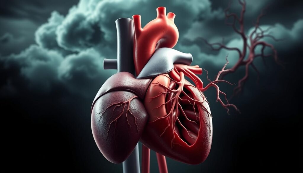 A detailed anatomical illustration depicting the effects of chronic stress on the cardiovascular system. In the foreground, a cutaway view of the heart shows enlarged ventricles, thickened walls, and narrowed arteries. In the middle ground, the circulatory system is highlighted, with blood vessels constricted and inflamed. In the background, a symbolic representation of stress, such as a looming storm cloud or tangled neural pathways, casts an ominous tone. The lighting is clinical yet moody, with dramatic shadows and highlights accentuating the pathological changes. The overall composition conveys the serious and potentially life-threatening nature of chronic stress on cardiovascular health.