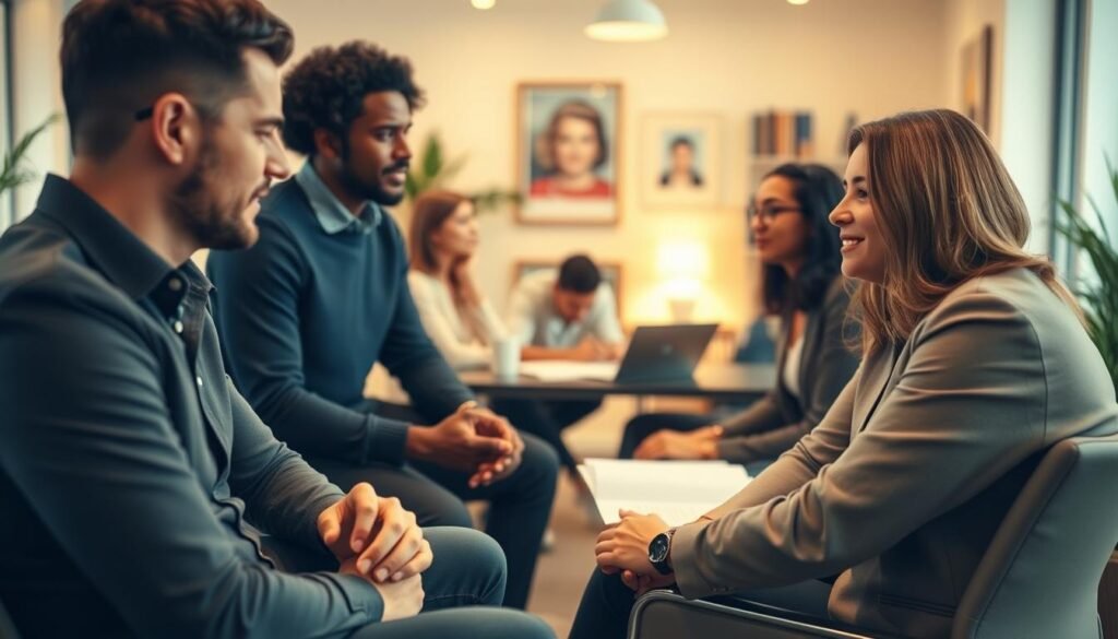 A diverse team of managers engaged in thoughtful discussion, their expressions conveying empathy and concern. In the foreground, two managers sit facing each other, hands clasped, deep in conversation. In the middle ground, a small group gathers around a table, papers and laptops visible, underscoring the collaborative nature of their work. The background features a warm, softly lit office environment, with plants and artwork suggesting a nurturing, wellness-focused atmosphere. Subtle lighting casts a gentle glow, creating a sense of tranquility and focus. The overall scene evokes the importance of mental health awareness and support within the managerial realm.