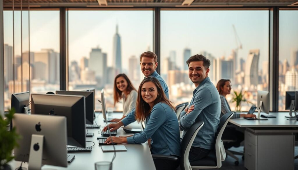 A modern and harmonious workplace with integrated NR-1 and NR-7 compliance. In the foreground, a group of diverse office workers collaborating at a sleek, minimalist workstation, their faces expressing a sense of well-being and productivity. The middle ground showcases ergonomic office furniture and equipment, adhering to the safety and health standards outlined in NR-1 and NR-7. In the background, a large window offers a panoramic view of a bustling urban skyline, bathed in warm, natural lighting that filters through the space. The overall atmosphere conveys a sense of balance, comfort, and a commitment to employee well-being within a modern, forward-thinking workplace.