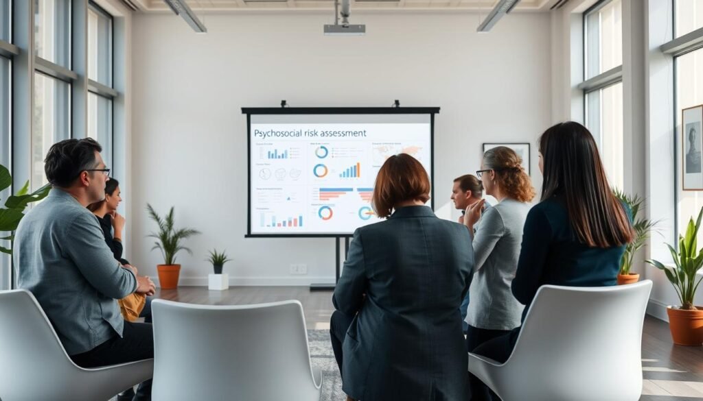 A modern, clean-lined office setting with floor-to-ceiling windows bathed in soft, natural light. In the foreground, a group of employees engaged in a collaborative discussion, their body language and facial expressions conveying deep thought and concern. In the middle ground, a projection screen displays a series of infographics and data visualizations related to psychosocial risk assessment. The background features minimalist decor, with potted plants and subtle artwork on the walls, creating a calming, professional atmosphere. The overall mood is one of thoughtful analysis and a commitment to employee wellbeing.