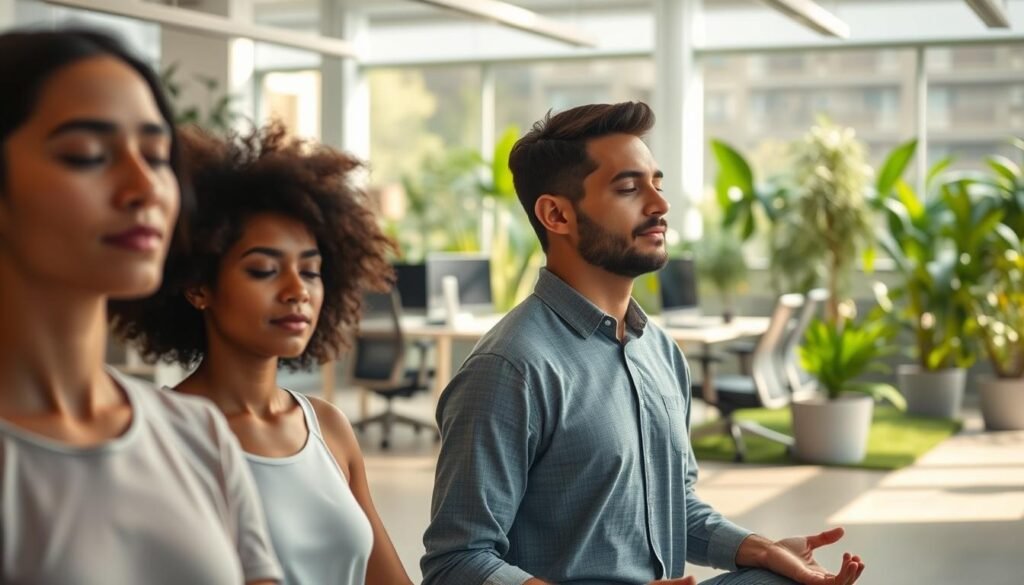 A peaceful and serene office environment promoting employee well-being. In the foreground, a group of co-workers engaged in a mindfulness exercise, their faces calm and centered. The middle ground features a bright, open-plan workspace with ergonomic furniture and natural lighting filtering through large windows. In the background, a lush, verdant garden oasis provides a tranquil retreat, encouraging moments of relaxation and rejuvenation. Soft, warm lighting creates a welcoming ambiance, while the overall composition conveys a sense of balance, harmony, and a company culture that prioritizes the mental and physical wellness of its staff.