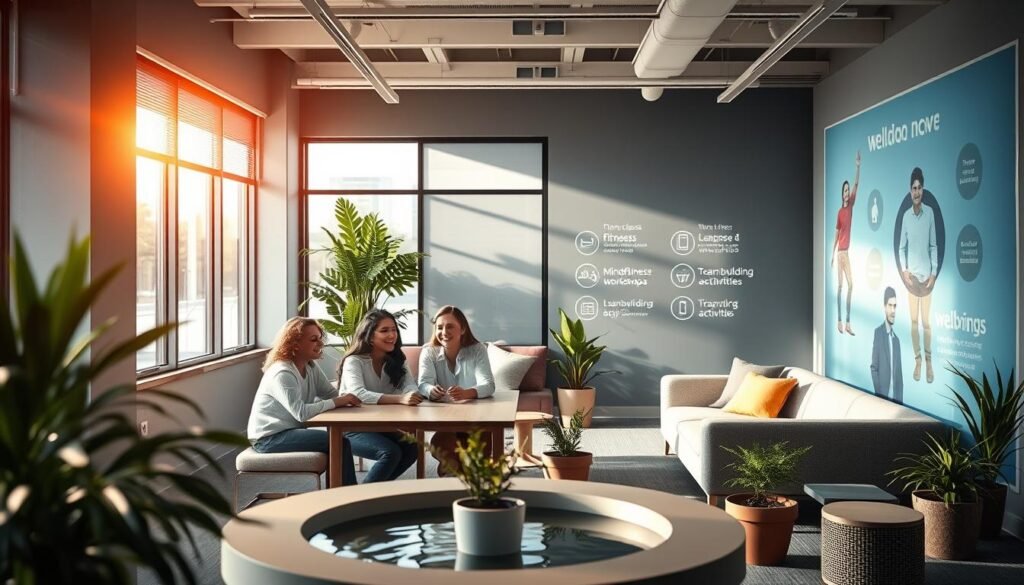 A serene corporate office setting, bathed in warm, natural lighting from large windows. In the foreground, a group of happy, engaged employees collaborating around a table, smiling and gesturing animatedly. In the middle ground, a relaxation area with plush seating, potted plants, and a water feature, promoting a sense of tranquility. The background showcases modern, minimalist decor and a wall display highlighting various well-being initiatives, such as fitness classes, mindfulness workshops, and team-building activities. The overall atmosphere conveys a vibrant, productive, and health-conscious work environment.