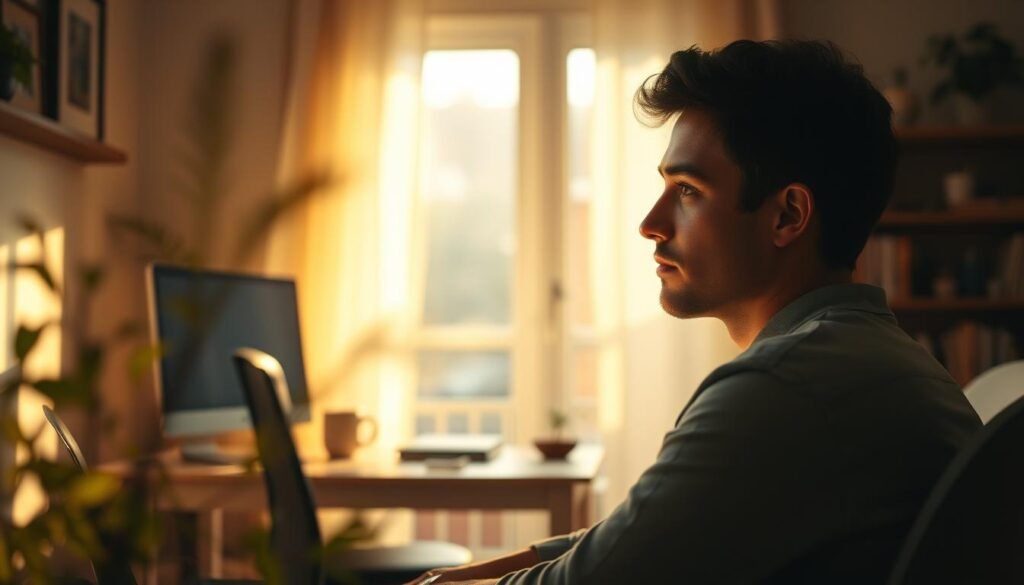A serene home office setting, with a desk, chair, and computer. The room is bathed in warm, soft lighting, creating a calming atmosphere. In the foreground, a person is sitting at the desk, deep in thought, their face reflecting a pensive expression. The background is blurred, creating a sense of focus on the individual's well-being. Subtle plant life and natural elements are present, symbolizing the importance of connecting with nature during remote work. The overall scene conveys a sense of introspection and the challenges of maintaining mental health in a remote work environment.