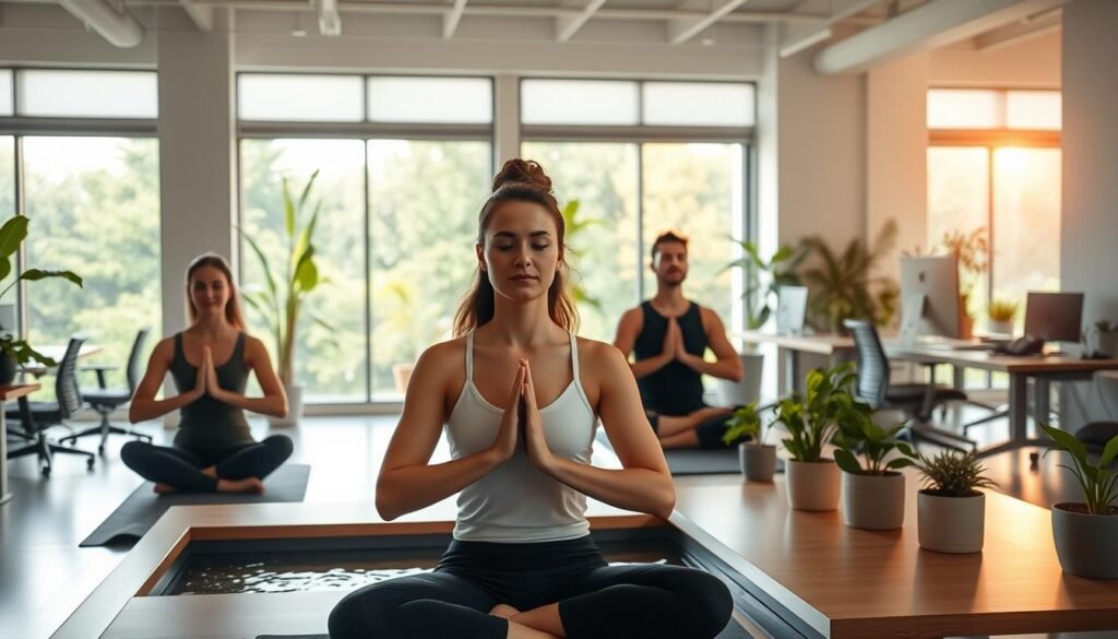 A serene, minimalist corporate wellness program office, flooded with warm, natural light. The foreground features a group of employees engaged in a mindful yoga session, their expressions serene and focused. The middle ground showcases ergonomic workstations with potted plants and water features, promoting a healthy, rejuvenating work environment. The background depicts a panoramic view of a lush, verdant outdoor space through large windows, emphasizing the integration of nature. The overall atmosphere exudes a sense of tranquility, balance, and a genuine commitment to employee well-being.