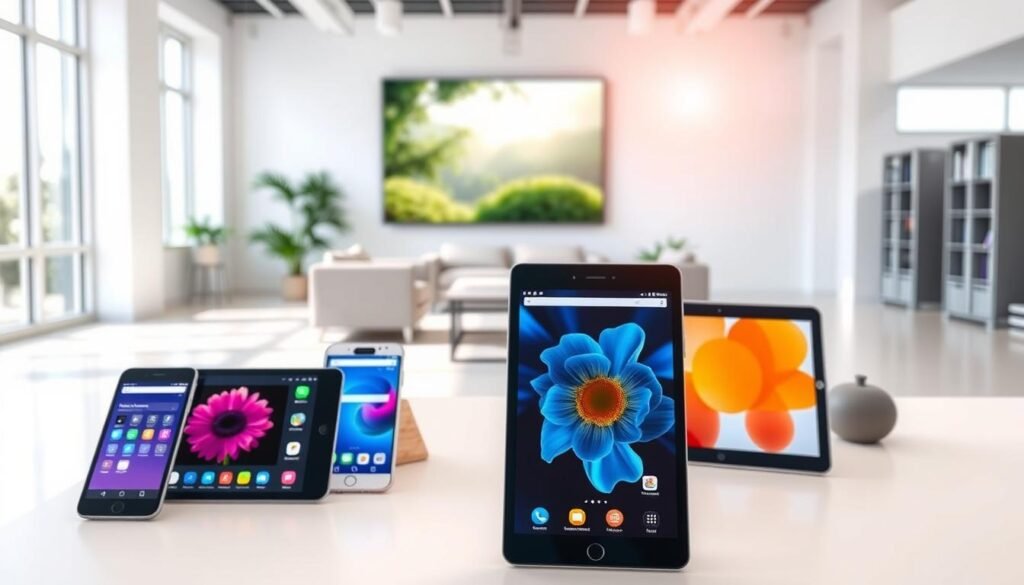 A serene, minimalist office setting with natural light streaming through large windows. In the foreground, various mobile devices and tablets are displayed, showcasing vibrant mental health-focused apps and interfaces. The middle ground features a comfortable lounge area with soft furnishings, encouraging relaxation and contemplation. In the background, a large wall-mounted screen displays calming nature imagery, creating a tranquil and restorative ambiance. The overall scene radiates a sense of balance, mindfulness, and a commitment to employee well-being, reflecting the "Resources and Tools for Companies" section of the article.