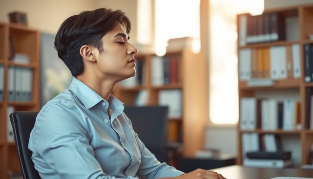 A serene office setting, with a desk, chair, and bookshelves in the background. In the foreground, a person is seated, deep in contemplation, their eyes closed, and their hands resting on the desk. Gentle natural lighting filters through the window, casting a warm, calming glow throughout the space. The atmosphere is one of tranquility and focus, embodying the strategies for managing stress in the corporate environment.