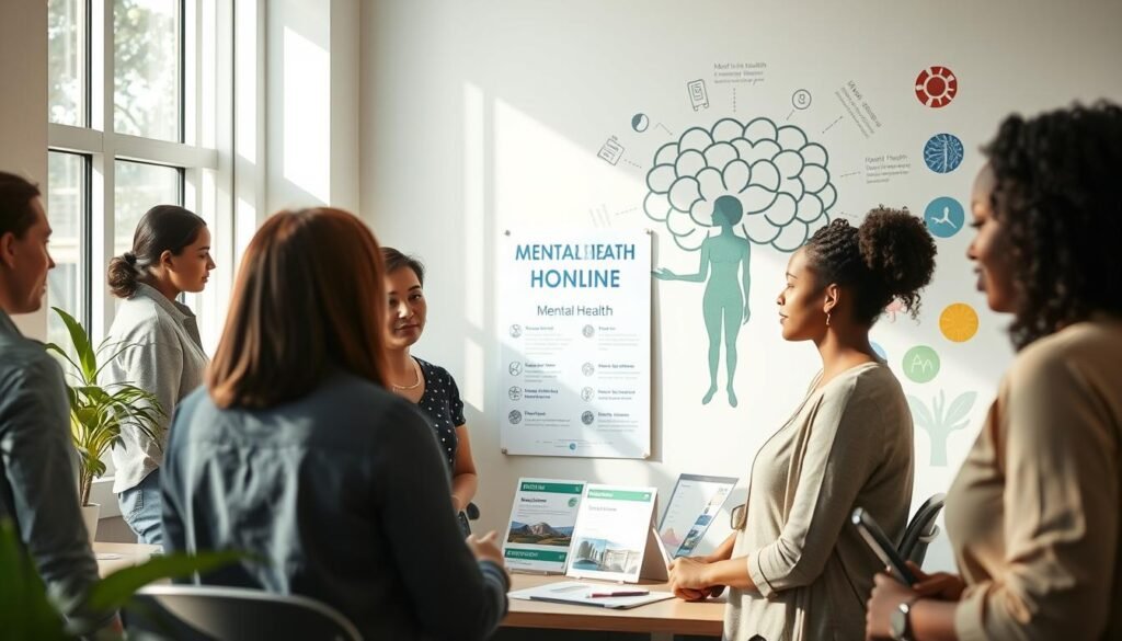 A serene, sunlit office setting with a focus on mental health resources. In the foreground, a team of diverse coworkers engaged in an open discussion, conveying empathy and support. The middle ground features a prominently displayed mental health hotline poster and brochures on various wellness topics. The background showcases a stylized, abstract mural depicting the interconnectedness of the mind, body, and environment. Soft, diffused lighting creates a calming ambiance, while the composition emphasizes collaboration, accessibility, and a holistic approach to employee wellbeing.