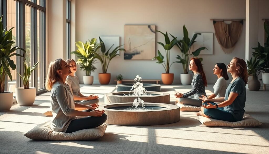 A serene, sunlit office space with employees engaged in mindfulness activities. In the foreground, a group of colleagues sitting cross-legged on plush floor cushions, their eyes closed in peaceful meditation. Soft, natural lighting filters through large windows, casting a warm glow on the scene. In the middle ground, a calming water feature bubbles gently, its soothing sounds complementing the tranquil atmosphere. The background features potted plants and abstract artwork, creating a harmonious, wellness-focused environment. The overall mood is one of emotional balance, mental clarity, and workplace well-being.