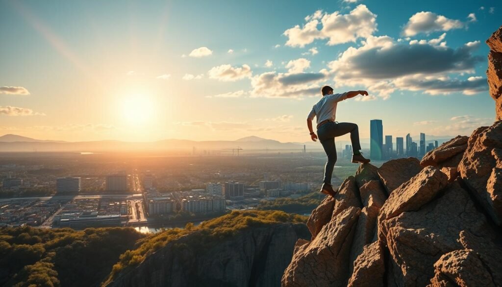 A vibrant landscape showcasing the power of resilience in the workplace. In the foreground, a determined figure climbs a rugged, sun-dappled cliff face, their movements graceful and purposeful. The middle ground features a bustling office scene, with professionals navigating various challenges with focus and perseverance. In the background, a panoramic vista of a dynamic city skyline, hinting at the broader context of the professional world. The lighting is warm and inspiring, capturing the essence of overcoming obstacles with resilience. The overall composition conveys a sense of strength, adaptability, and the triumph of the human spirit in the face of adversity. A vibrant landscape showcasing the power of resilience in the workplace. In the foreground, a determined figure climbs a rugged, sun-dappled cliff face, their movements graceful and purposeful. The middle ground features a bustling office scene, with professionals navigating various challenges with focus and perseverance. In the background, a panoramic vista of a dynamic city skyline, hinting at the broader context of the professional world. The lighting is warm and inspiring, capturing the essence of overcoming obstacles with resilience. The overall composition conveys a sense of strength, adaptability, and the triumph of the human spirit in the face of adversity.