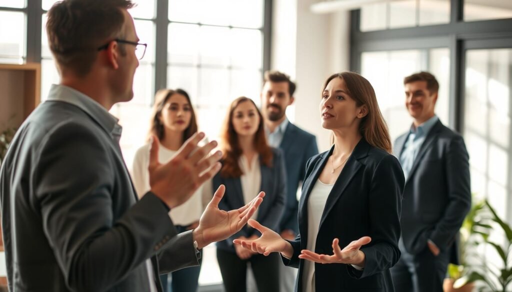 A warm, inviting office setting with natural lighting streaming through large windows. In the foreground, a professional-looking person engaged in an animated discussion, their hands gesturing expressively. Behind them, a team of coworkers listening attentively, faces lit with understanding. The overall atmosphere conveys a sense of open, authentic communication - clear, concise and respectful. The scene is framed by tasteful, minimalist decor, suggesting a modern, well-designed workspace conducive to productive, healthy interactions.