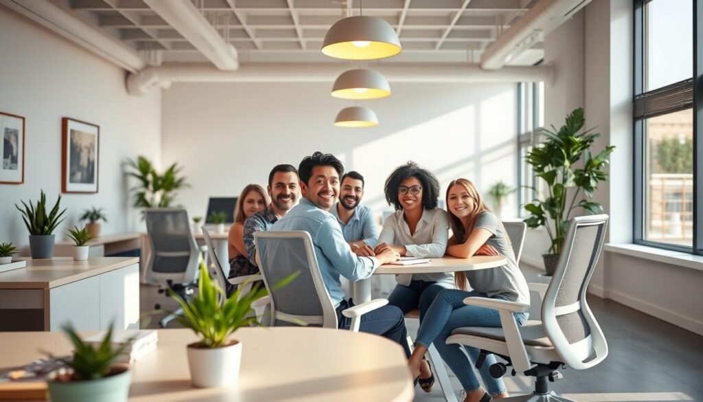 Bright, airy workspace bathed in natural light streaming through large windows. Ergonomic desks with modern, minimalist furniture in soothing neutral tones. Potted plants and framed artwork on walls, creating a serene, relaxing ambiance. Employees collaborating at a round table, faces expressing positivity and engagement. Warm, diffused lighting from overhead fixtures highlights the collaborative, supportive atmosphere. Wide-angle camera angle captures the spaciousness and openness of the healthy, nurturing work environment.