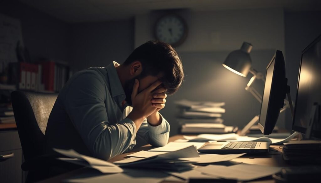 A desaturated, anxious office environment with a stressed corporate worker slumped at their desk, surrounded by scattered papers and a cluttered, dimly lit background. Soft, dramatic lighting casts long shadows, creating a sense of unease and overwhelming pressure. The worker's face is buried in their hands, conveying the mental and physical toll of anxiety-induced productivity loss. The scene is rendered in a muted, somber color palette to reinforce the emotional weight of the subject matter. A cinematic, documentary-style composition captures the human experience of diminished work capacity due to workplace anxiety.