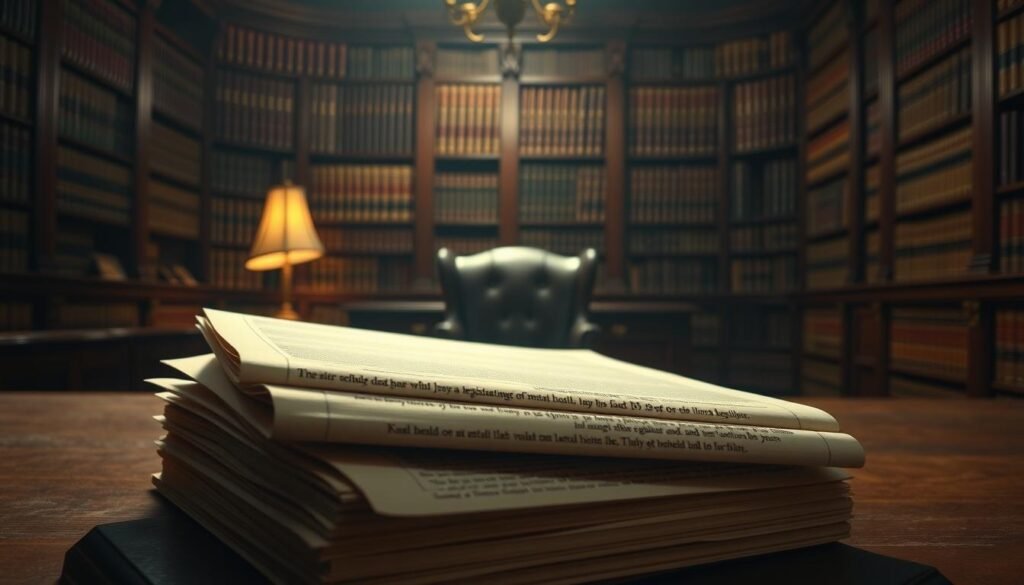 A dimly lit, richly detailed legal chamber, bathed in a warm, soothing glow. In the foreground, a stack of legal documents and legislation pertaining to mental health, their pages illuminated by a soft, diffused light. In the middle ground, a wooden desk with a dignified leather chair, symbolic of the authority and responsibility associated with mental health policies. The background features floor-to-ceiling bookshelves, filled with volumes of legal codes and precedents, conveying the depth and complexity of the subject matter. The overall atmosphere is one of contemplation, professionalism, and a sense of the gravity and importance of mental health legislation. A dimly lit, richly detailed legal chamber, bathed in a warm, soothing glow. In the foreground, a stack of legal documents and legislation pertaining to mental health, their pages illuminated by a soft, diffused light. In the middle ground, a wooden desk with a dignified leather chair, symbolic of the authority and responsibility associated with mental health policies. The background features floor-to-ceiling bookshelves, filled with volumes of legal codes and precedents, conveying the depth and complexity of the subject matter. The overall atmosphere is one of contemplation, professionalism, and a sense of the gravity and importance of mental health legislation.