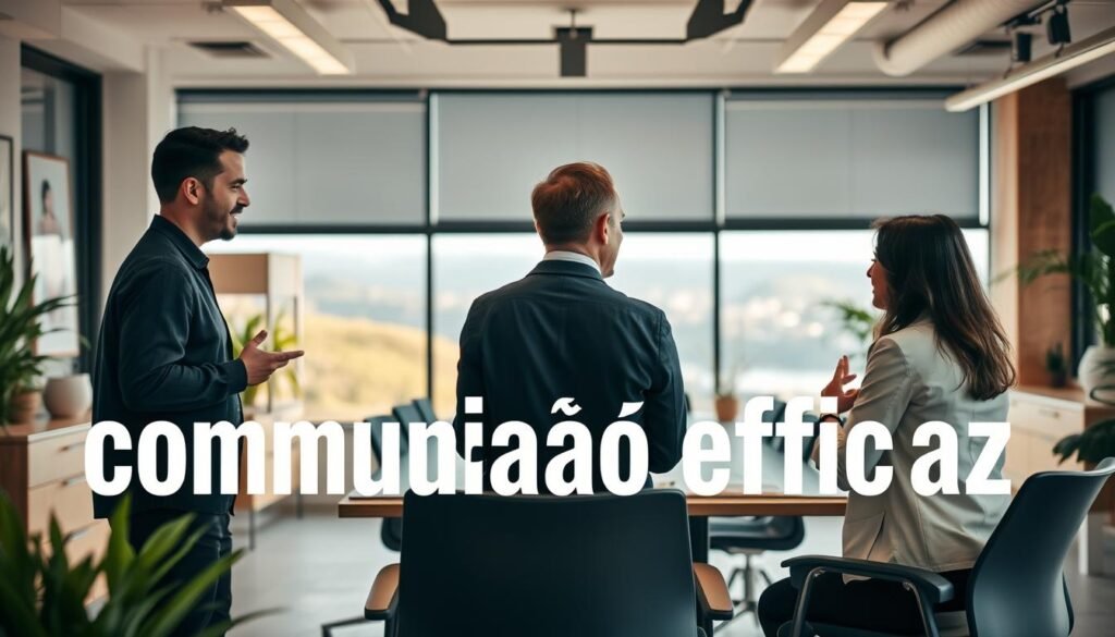 A modern office environment with a warm, inviting atmosphere. In the foreground, two professionals engaged in a lively discussion, their body language and facial expressions conveying clear and open communication. The middle ground features a meeting table surrounded by ergonomic chairs, promoting collaborative dialogue. In the background, a large window offers a scenic view, infusing the space with natural light and a sense of tranquility. Subtle decorative elements, such as potted plants and minimal artwork, create a visually harmonious and calming setting that embodies the essence of "comunicação eficaz".