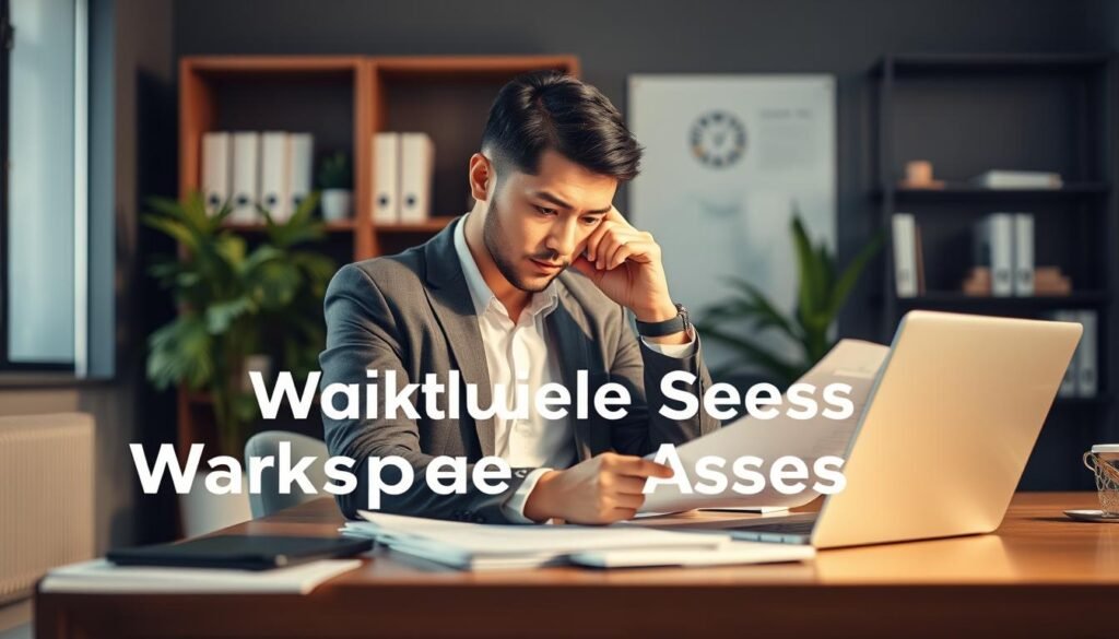A modern office interior with a desk, laptop, and paperwork. The lighting is soft and warm, creating a contemplative atmosphere. In the foreground, a person in business attire is sitting at the desk, deep in thought, a hand resting on their temple as they evaluate a document. The middle ground features shelves with reference materials and a plant, suggesting a professional yet relaxed environment. The background is slightly blurred, drawing the focus to the central figure and their introspective pose. The overall scene conveys the idea of workplace stress assessment and evaluation.