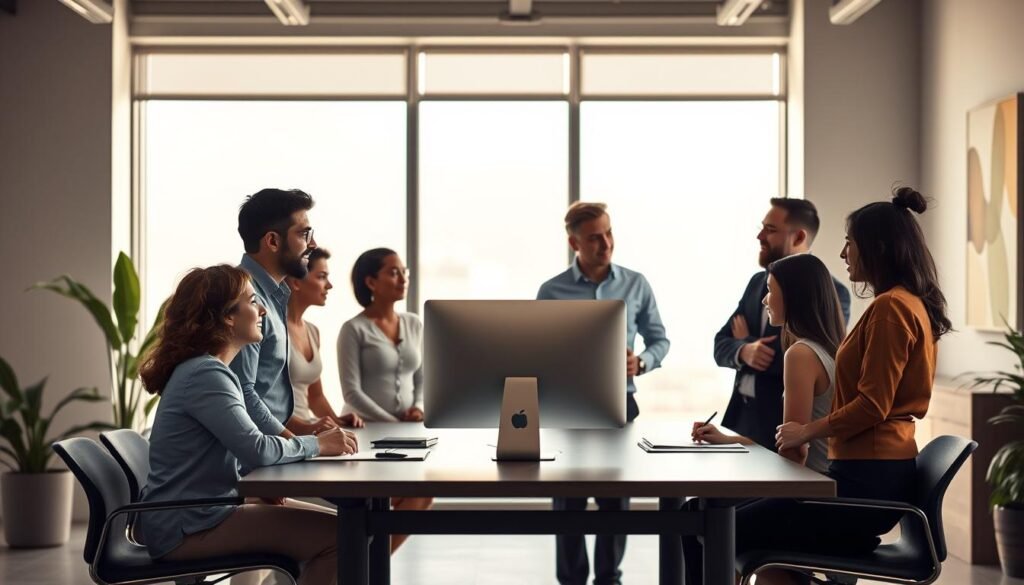 A serene office setting, with a warm, natural lighting filtering through large windows. In the foreground, a diverse group of people engaged in a collaborative discussion, their body language conveying a sense of openness and mutual understanding. In the middle ground, a sleek, minimalist desk with a computer, notepad, and pen, symbolizing the integration of technology and human-centric management. The background features a subtle, muted color palette, creating a calming and professional atmosphere, with subtle hints of greenery and abstract art on the walls, reflecting the emphasis on mental well-being and holistic people management. A serene office setting, with a warm, natural lighting filtering through large windows. In the foreground, a diverse group of people engaged in a collaborative discussion, their body language conveying a sense of openness and mutual understanding. In the middle ground, a sleek, minimalist desk with a computer, notepad, and pen, symbolizing the integration of technology and human-centric management. The background features a subtle, muted color palette, creating a calming and professional atmosphere, with subtle hints of greenery and abstract art on the walls, reflecting the emphasis on mental well-being and holistic people management.