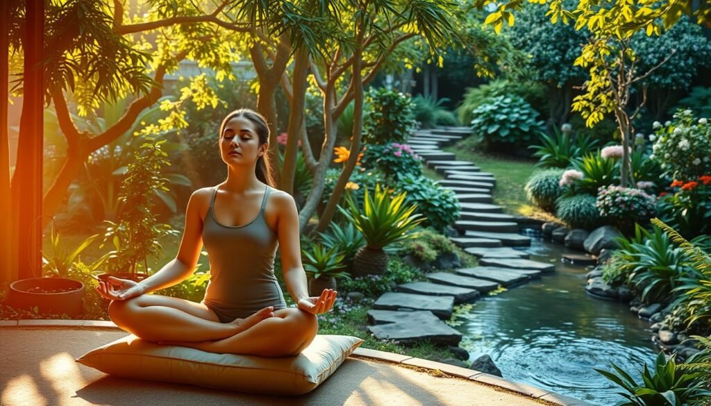 A serene, sun-dappled meditation garden with lush greenery and a tranquil water feature. In the foreground, a person sitting cross-legged on a cushion, eyes closed, palms resting on their lap, embodying deep relaxation. Warm, soft lighting filters through the trees, casting a calming glow. The background features a stone pathway winding through a variety of plants, flowers, and a gently flowing stream. An atmosphere of peace, mindfulness, and rejuvenation permeates the scene.