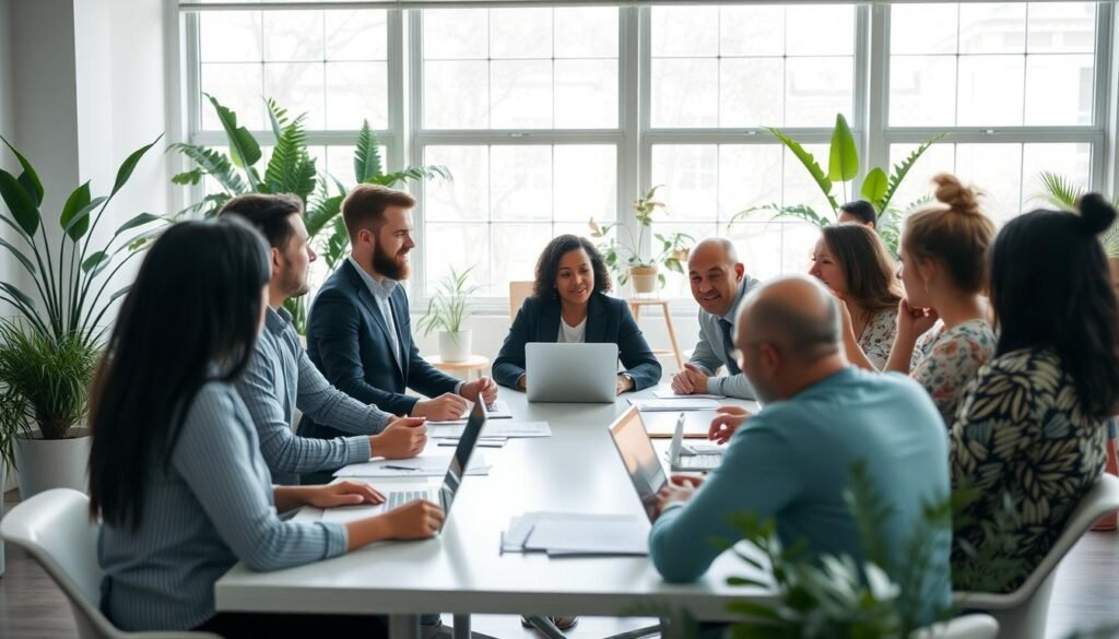 A well-lit, airy office setting with large windows, allowing natural light to flood the space. In the foreground, a group of diverse employees engaged in an open and animated discussion, their body language conveying a sense of collaboration and mutual understanding. The middle ground features a central table, around which employees are seated, laptops and documents scattered, indicating an ongoing dialogue. In the background, plants and minimalist decor create a calming, professional atmosphere, emphasizing the importance of mental health and well-being in the workplace. The overall scene reflects a culture of transparent communication, where employees feel empowered to express their ideas and concerns openly.