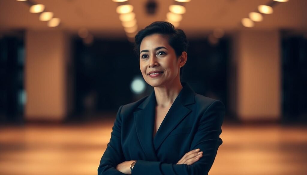 An inspiring leader standing confidently, their gaze filled with determination and empathy. They are dressed in a crisp, professional suit, conveying authority and trustworthiness. The lighting is soft and warm, illuminating their face and creating a serene, contemplative atmosphere. The background is blurred, placing the focus entirely on the leader's engaging expression and body language, which suggest a genuine concern for the wellbeing of their team. The overall composition evokes a sense of guidance, support, and a genuine commitment to nurturing the mental health of the organization's employees.