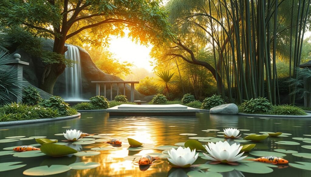 Serene meditation garden with lush greenery, cascading waterfall, and cushioned meditation platform. Warm, natural lighting filters through the canopy, casting a soothing glow. Tranquil koi pond with floating lotus blossoms in the foreground. Tall bamboo stalks sway gently in the background. Minimalist, zen-inspired design elements create a calming, restorative atmosphere. Soft, blurred edges and muted color palette evoke a sense of inner peace. High-resolution, photorealistic style, detailed and immersive.